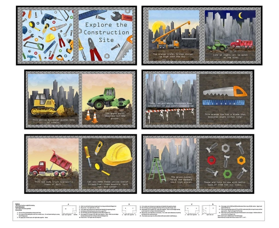 BLANK QUILTING Let's Get Building Construction Book Panel 36" Panel Cotton Fabric