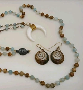 Ocean Jasper MOP Crescent Moon Goddess Beaded Jewelry Lot Copper Spiral Earrings - Picture 1 of 10