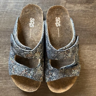 SAS Cozy Slide Sandal Multisnake Navy Leather Comfort Rubber Sole Md In USA 8Med - Image 1 of 4