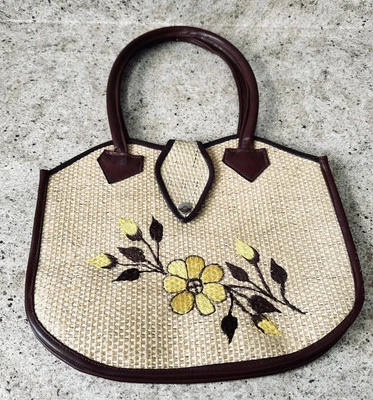 VTG Original Straw Purse Handbag With Faux Leather Handle & Trim Yellow Flowers - Image 1 of 4