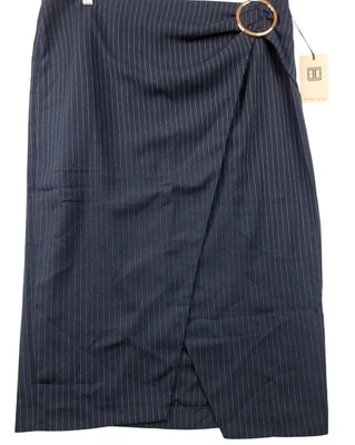 Ivanka Trump Women Navy Pinstripe Wrap Skirt Rose Gold Ring Accent Size 12  - Image 1 of 4