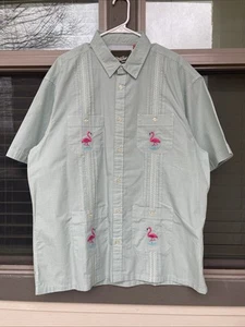 Howler Bros Men’s Guayabera Shirt XL Large Pink Flamingo Green Short Sleeve - Picture 1 of 11