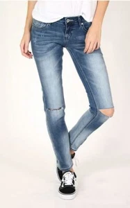 Grace in LA Jeans Women's Sanded Distress Knee Slit Skinny Fit Stretch Jeans - Picture 1 of 35
