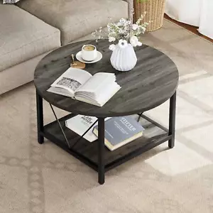 2-Tier Modern Round Coffee Table with Storage Open Shelf Home Office Living Room - Picture 1 of 10