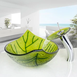 Green Leaf Bathroom Tempered Glass Vessel Basin Sink With Waterfall Taps Set - Picture 1 of 12