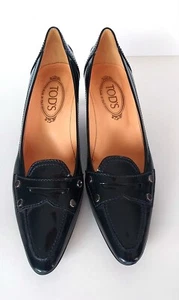 TOD'S Women Navy Patent Leather Italy Kitten Heel Driving Loafer Pumps Size 9.5 - Picture 1 of 9