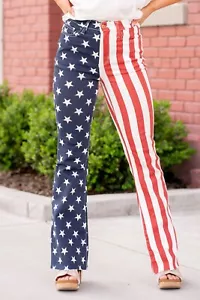 NWT’s Judy Blue High Waist American Flag Print Flare Jeans Size 14W Raw Hem Bell - Picture 1 of 4