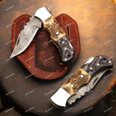 Handmade Damascus Pocket Folding Knife With Stag Horn Handle and engraved cover - Image 1 of 4