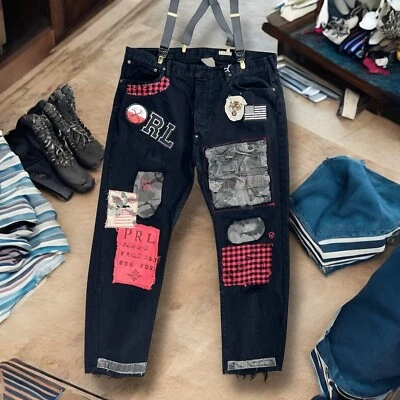 Polo Ralph Lauren men black jeans 40x30 patchwork ripped upcycled suspenders - Image 1 of 4
