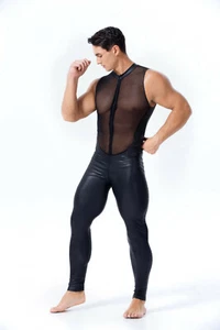 Mens Sexy Faux Leather Leotard Bodysuit Zipper Mesh Underwear Catsuit Costume - Picture 1 of 11