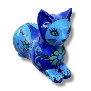 Midcentury Italian Pottery Cat Figurine Blue Floral Glazed Ceramic Mario Bellini - Picture 1 of 19