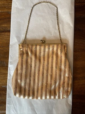 Bolso de Mano Antiguo Vintage Rosa Seda y Terciopelo Rayas con Coloridos Brillos Foto 1 de 4