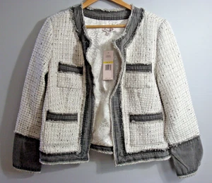 Nanette Lepore Pailletten Tweed Fransen Denim Washed/Elfenbein vorne offen Blazer Gr. M - Bild 1 von 9