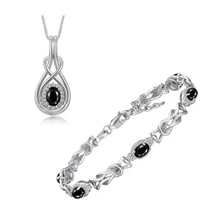 RYLOS  SILVER FACETED ONYX & DIAMOND LOVE KNOT BRACELET & PENDANT MATCHING SET - Picture 1 of 6