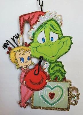 STROMBOLI'S WAGON GRINCH, CINDY LOU WHO, HEART CHART * Glitter CHRISTMAS ORNAMENT * Vtg Img