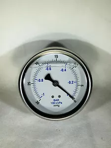 LIQUID FILLED VACUUM GAUGE -30-0 PSI, 4" FACE, 1/4" BACK MOUNT - Picture 1 of 2