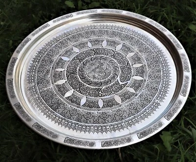 23.5in Turkish Copper Tray, Engraved Round Serving Tray, Handmade Copper Tray - Image 1 of 4