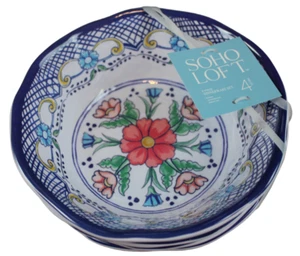 Soho Loft Melamine Bowls Set of 4 Blue White Coral Pink Flower Floral Cereal NWT - Picture 1 of 7