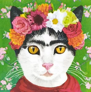 P080# 3 x Single Paper Napkins Decoupage Frida Cat Head With Flower Wreath Green - Picture 1 of 5