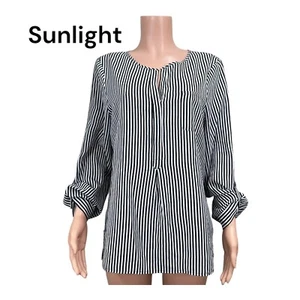 Chaus Women SZ L Striped Pullover Tunic Top Classic Half Button Up-Roll Tap Slee - Picture 1 of 13