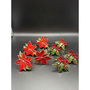 Set of 8 Lenox Christmas Napkin Rings 4 Poinsettia and 4 Holly with Red Bow.