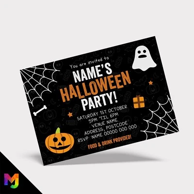 Personalised Kids Cute Halloween Style Invitations | Ghost Spiders Cobwebs - Image 1 of 2