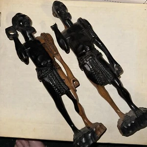 Vintage Hand Carved Wood African Tribal Hunter Statue 12" Two Of Them - Picture 1 of 11