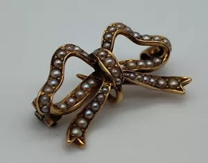 Antike 14K Gelbgold Zuchtperlen Schleife Brosche Anstecknadel Ansteck Uhrenhaken - Bild 1 von 7