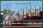 Postcard MI Large Letter Greetings From Monroe Michigan Linen Postcard Damaged