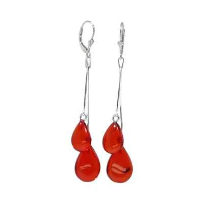 Red Amber Drop Dangle Earrings Sterling Silver - Image 1 of 2