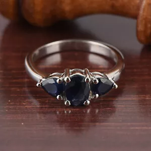 1.54cts Natural Blue Sapphire Three-stone Ring women 925 Sterling silver - Picture 1 of 8