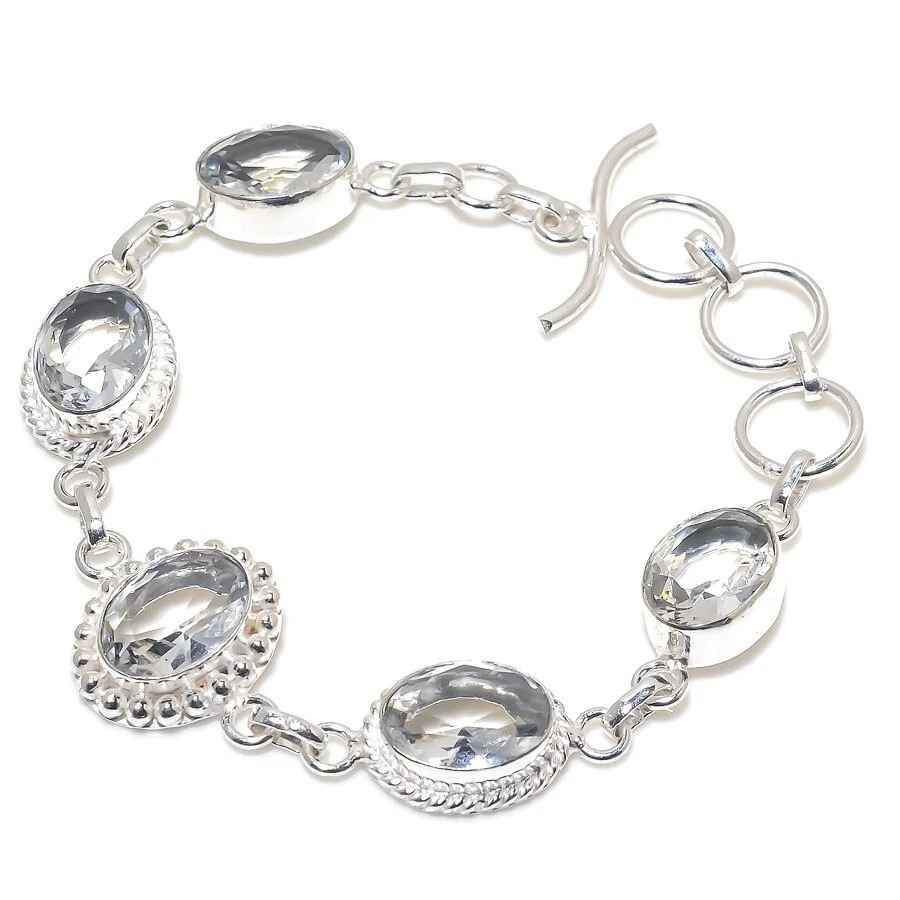 Браслет ювелирный ручной работы из серебра 925 пробы с белым топазом и драгоценными камнями размер 7-8 дюймов - Изображение 1 из 1