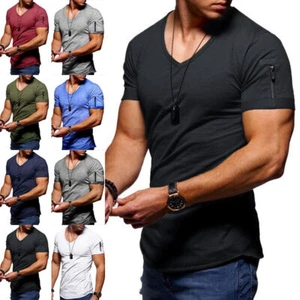 Mens Short Sleeve V Neck T Shirt Casual Slim Fit Solid Muscle Tee Tops Zipper UK - Picture 1 of 30