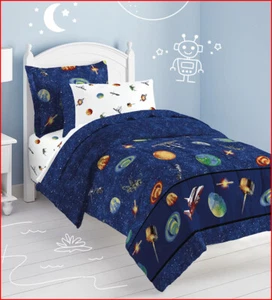 5 Pieces - SPACE Reversible Comforter & Sheet Set - ROCKET SHIPS Planets - TWIN - Picture 1 of 8