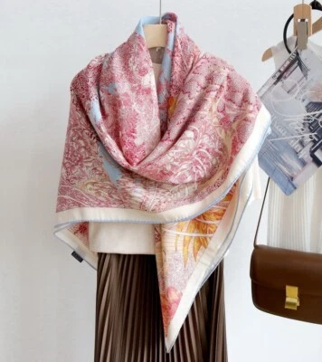 Sallys 70% Cashmere 30% Silk Wrap Scarf Nature Print Double Face Shawl 53" Pink - Image 1 of 4