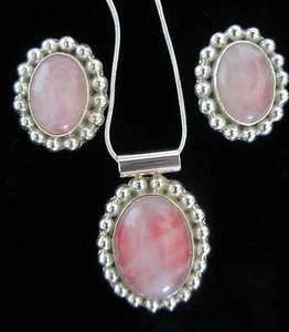 Juego de pendientes/colgantes de plata esterlina 0,925 incrustaciones de cuarzo rosa de forma ovalada TAXCO - Imagen 1 de 12
