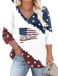 July 4th Shirts for Women Plus Size V Neck 3/4 Length Sleeve Womens Summer To... - Picture 1 of 5