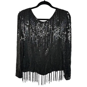 Camicetta vintage Swee Lo nera paillettes perline frange 100% seta donna media - Foto 1 di 8