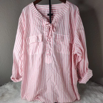Talbot Mujer Rosa Blanco Rayas Roll Tab Manga Cruzada Corbata Frontal Talla 2X  Foto 1 de 4