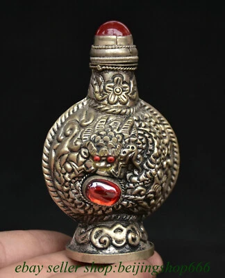 3.4" Old Chinese Copper Gems Dynasty Dragon Snuff box Snuff bottle - Image 1 of 4