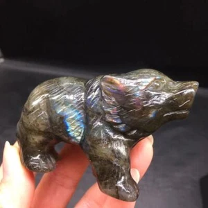 Natural Rainbow Labradorite Quartz Crystal Carved Bear Healing Decoration 1Pc - Picture 1 of 18