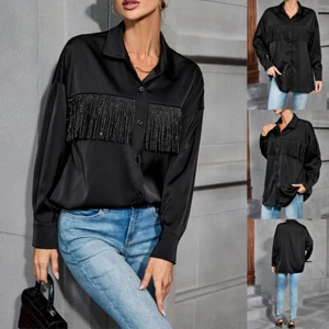 Womens Long Sleeve Glitter Shirt Ladies Casual Baggy Button-up Plain Blouse Tops - Picture 1 of 19