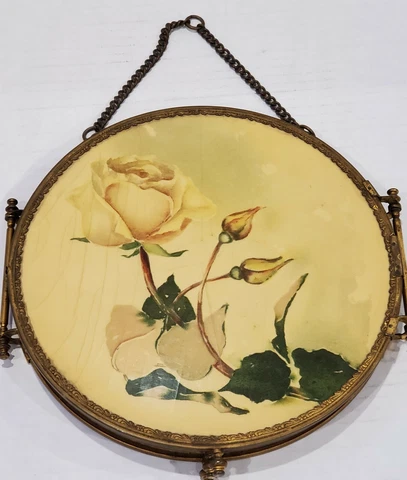 Antique Victorian Tri Fold CELLULOID Back BRASS Frame BEVELED Travel Mirror Cover