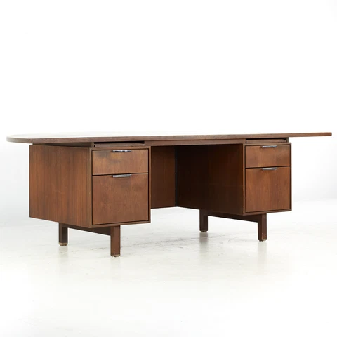 Jens Risom Style Mid Century Half Circle Walnut Executive Desk Cover