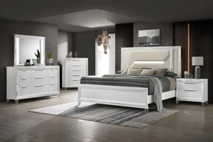 4 PC OFF WHITE BOUCLE LED LIGHTS QUEEN BED NS DRESSER BEDROOM FURNITURE SET - Picture 1 of 22