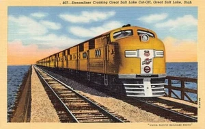 Postkarte UT: Stromlinienzugüberquerung Great Salt Lake, Vintage Leinen, Utah - Bild 1 von 2