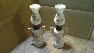 2 Vintage Miniature Pearl white/Blue Gold Trim Pink Rose Oil Kerosene Lamp Shade - Picture 1 of 11