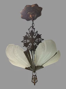 Vintage Art Deco Embossed 5 Slip Shade Hanging Lamp Light Fixture - Picture 1 of 9