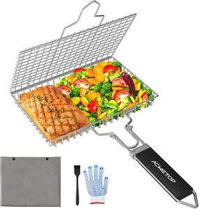 Portable BBQ Stainless Steel Fish Grill Basket w/ Removable Handle +Accessories - Picture 1 of 3