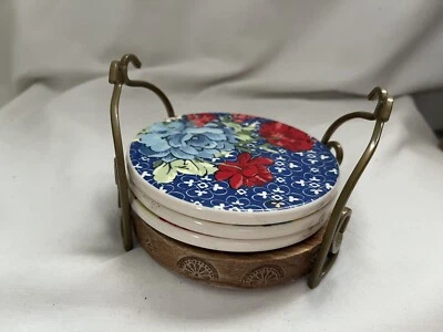 Juego de 4 posavasos de cerámica para mujer Pioneer floral Medley soporte de madera de metal casa de campo Foto 1 de 4